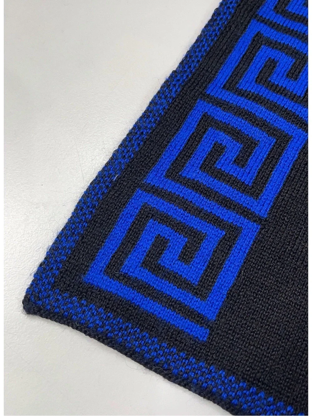 Versace Black and Royal Blue Greek Key Knit Scarf